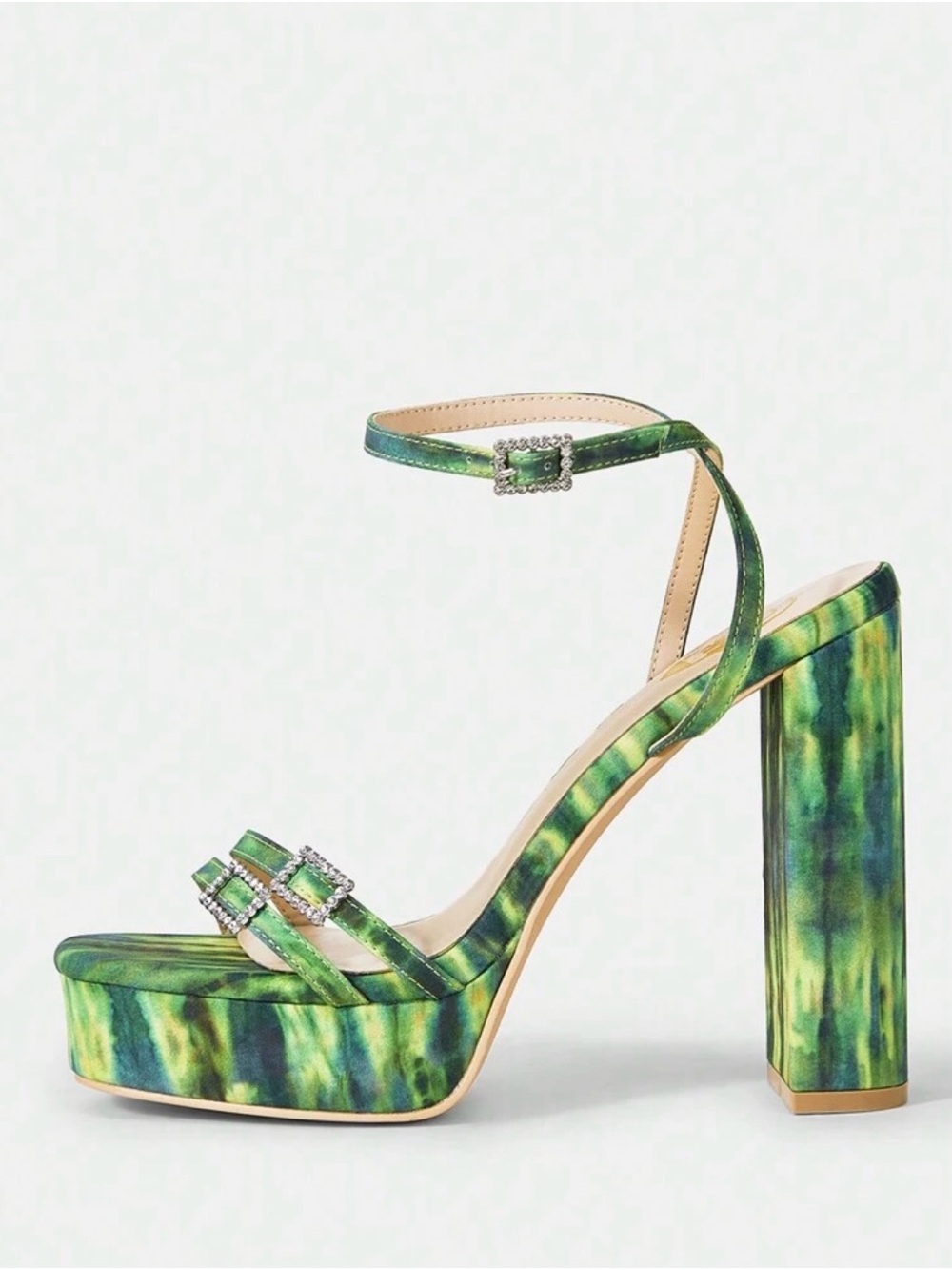 NWOT Green Tie Dye Watermelon Platform Block Heel Sandal Rhinestone Buckles